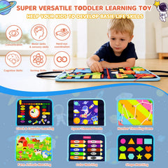Pnooe Busy Board page showing shoelace tying and color matching exercises