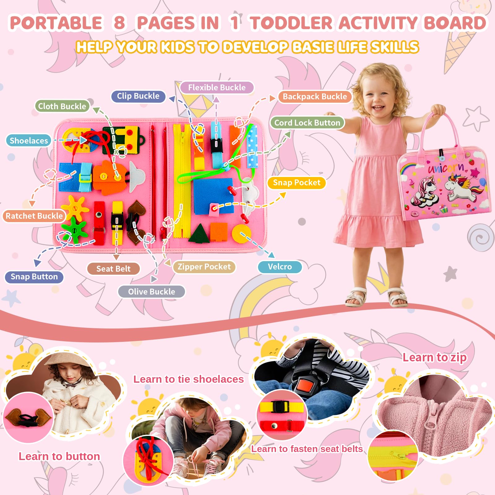Pnooe busy board with soft felt surface for safe, tactile play.