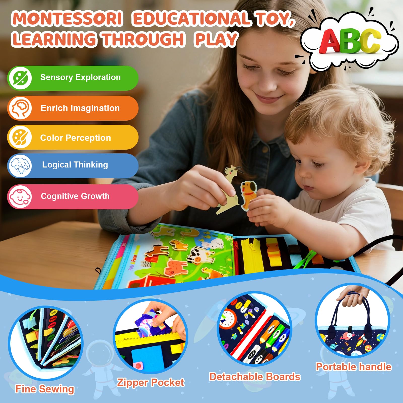 Pnooe Busy Board with space puzzle and farm game to inspire imaginative play