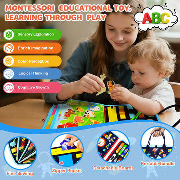 Pnooe Busy Board with space puzzle and farm game to inspire imaginative play