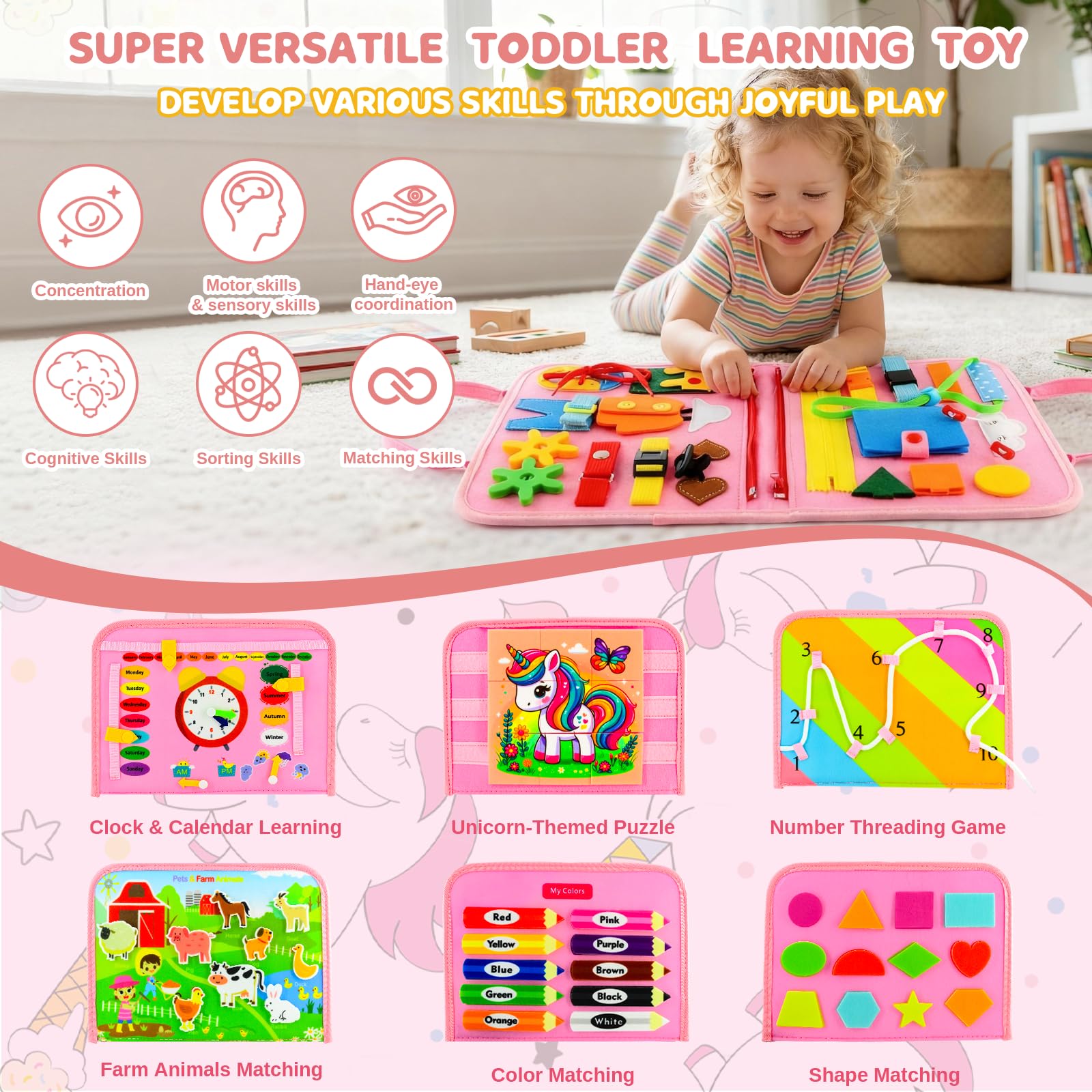 Pnooe busy board with zipper pocket to secure small parts during travel.