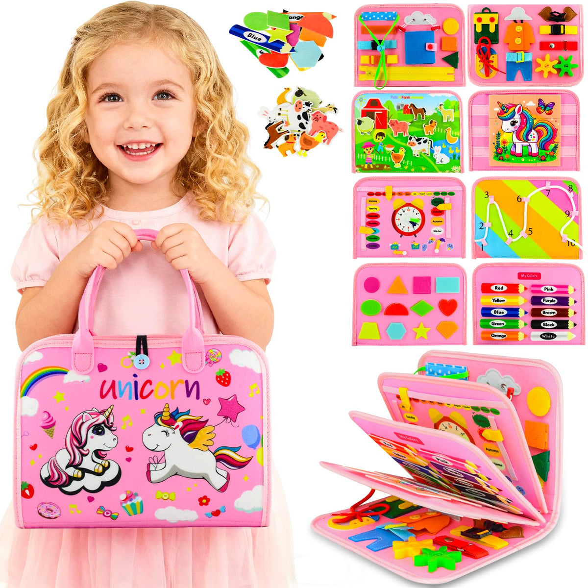 Pnooe toddler busy board with eight pages of activities to boost fine motor skills.