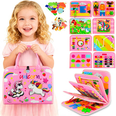 Pnooe toddler busy board with eight pages of activities to boost fine motor skills.