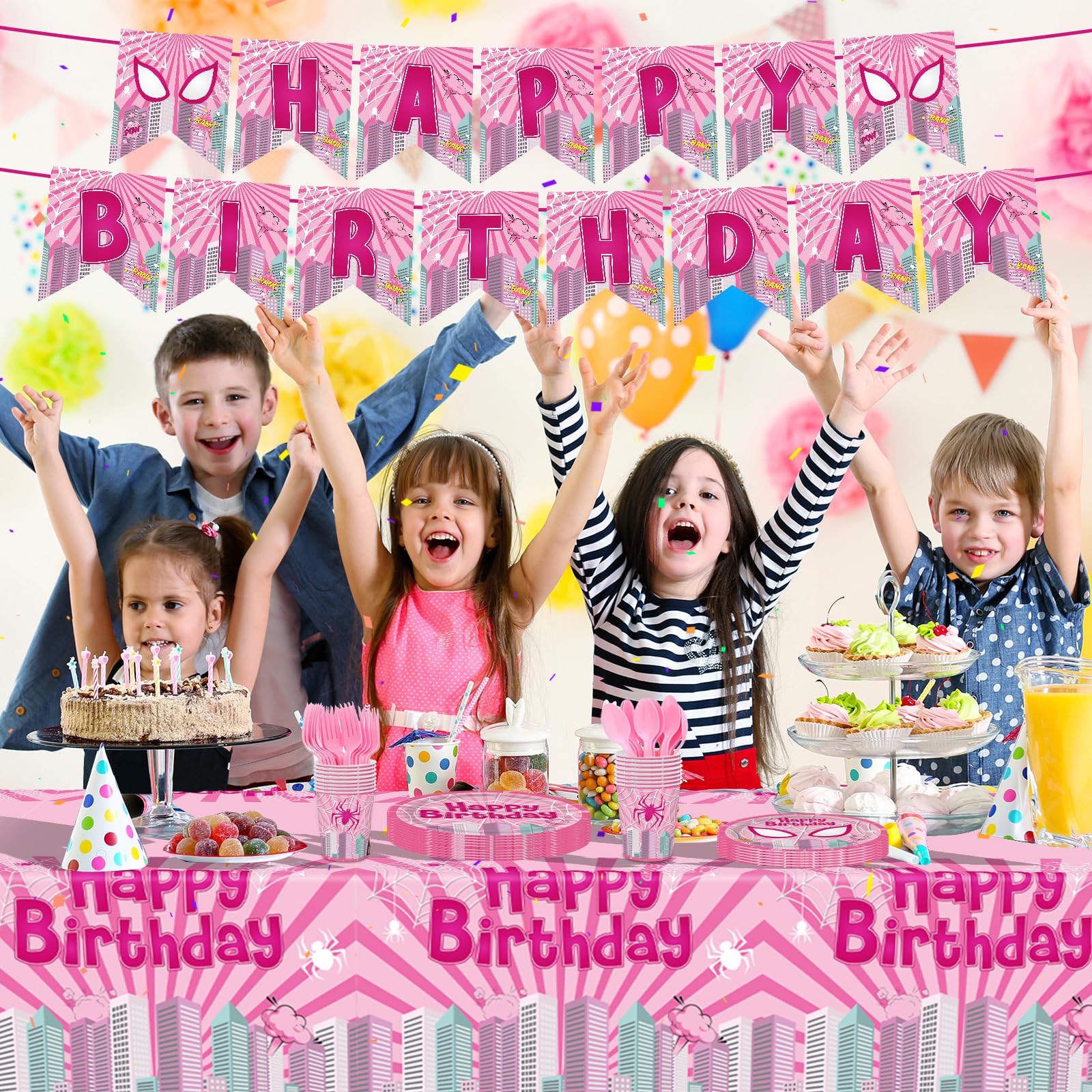 Pnuocax birthday banner adds festive focal point to the party.