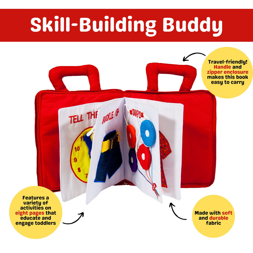 Pockets of Learning My Quiet Book buttons and snaps page boosts dexterity.