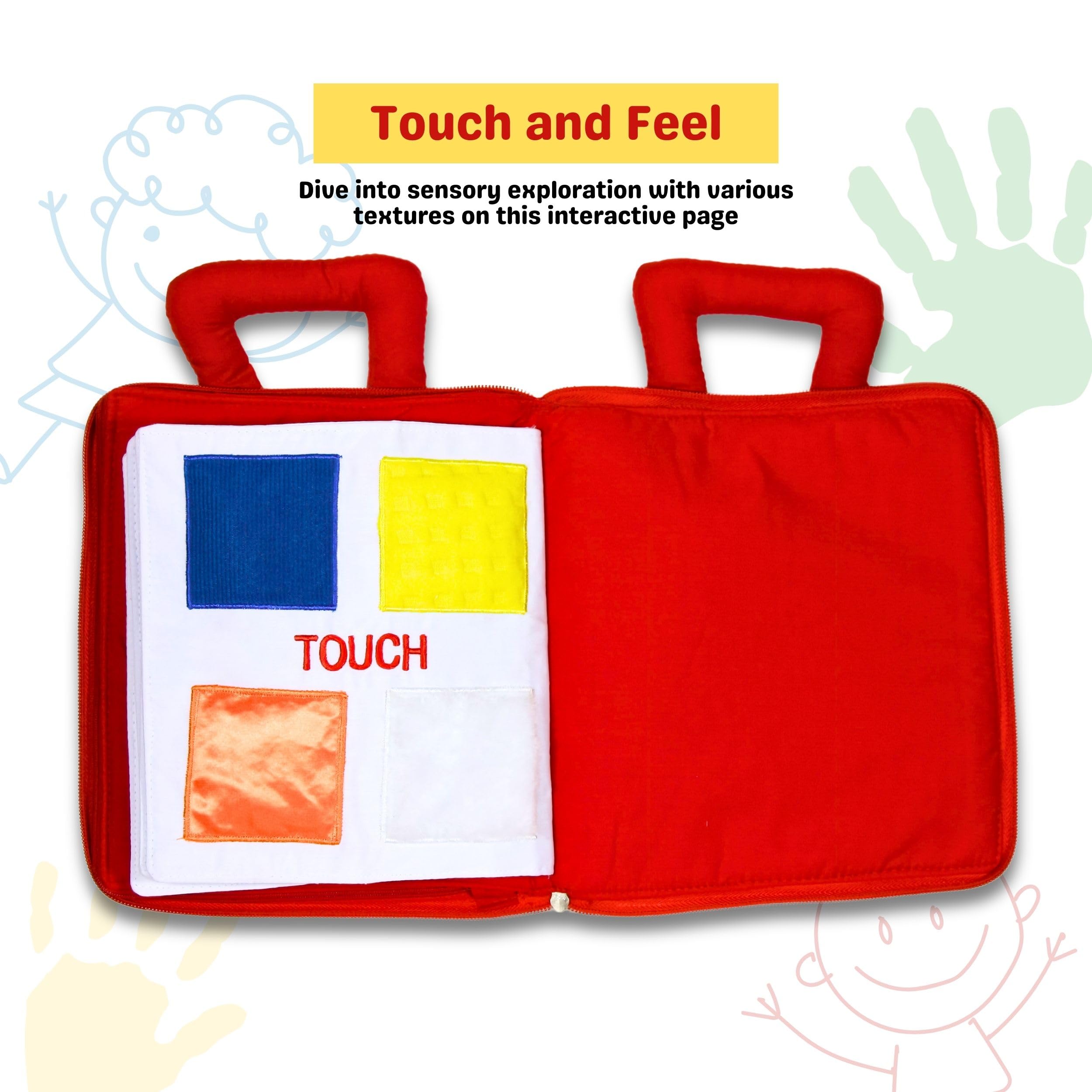 Pockets of Learning My Quiet Book soft fabric interior comforts touch during play.