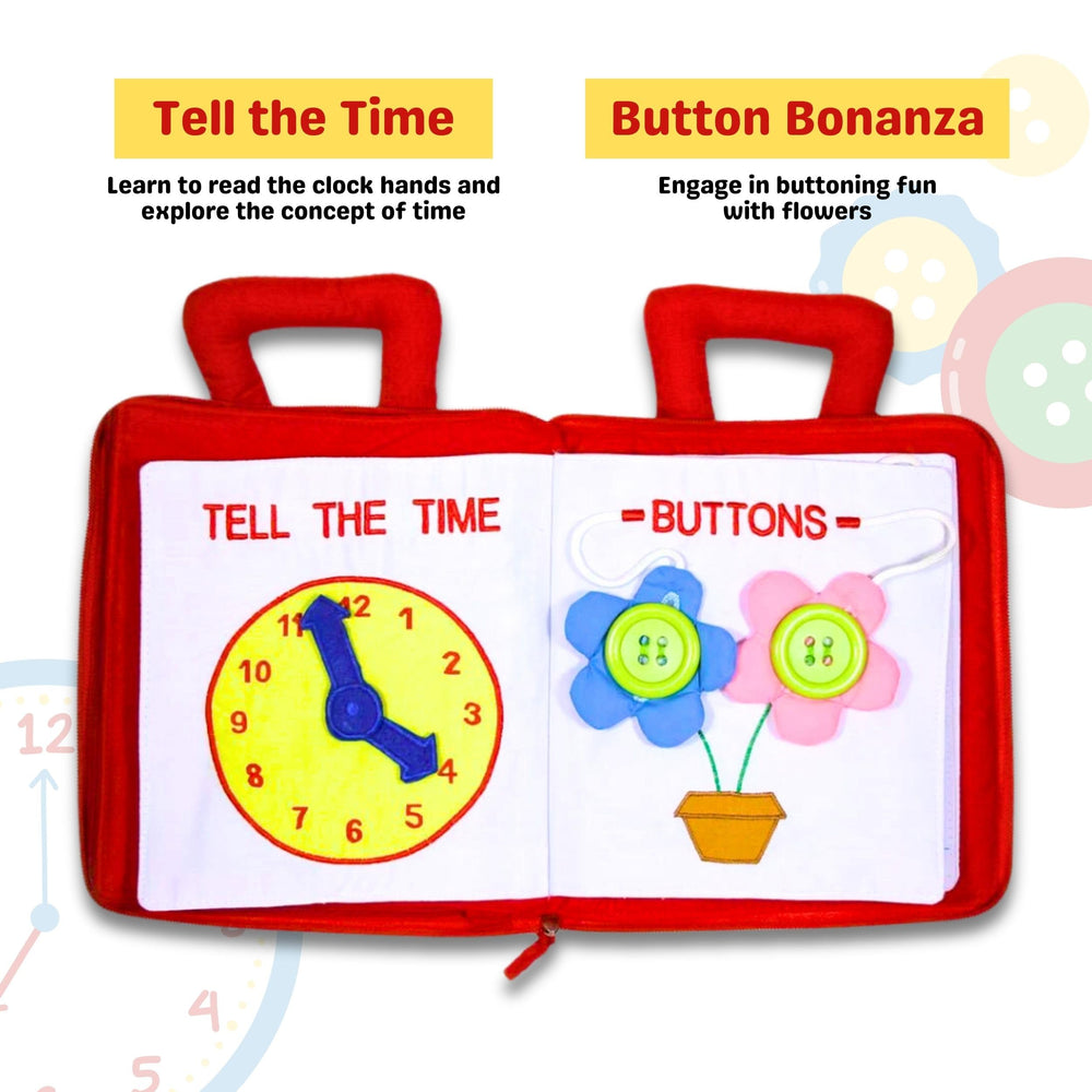 Pockets of Learning My Quiet Book clock page helps time telling practice.