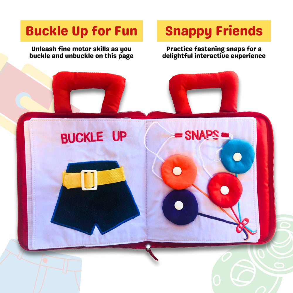 Pockets of Learning My Quiet Book travel friendly design supports screen free play.