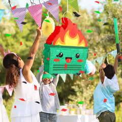 Poen Dumpster on Fire Pinata blindfold setup adds playful anticipation.