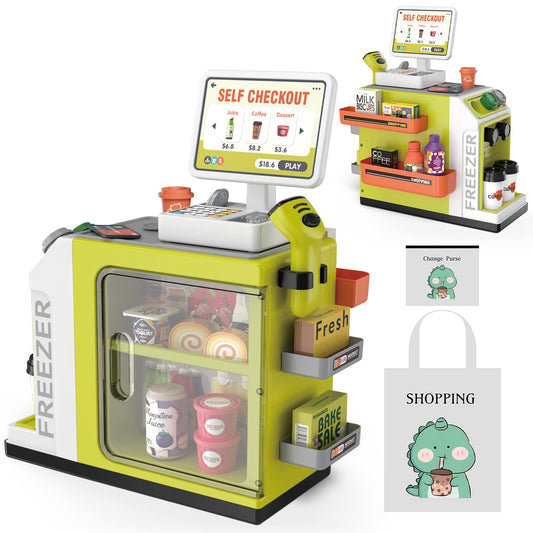 POFJOEQ cash register playset with 46 accessories for immersive pretend shopping.