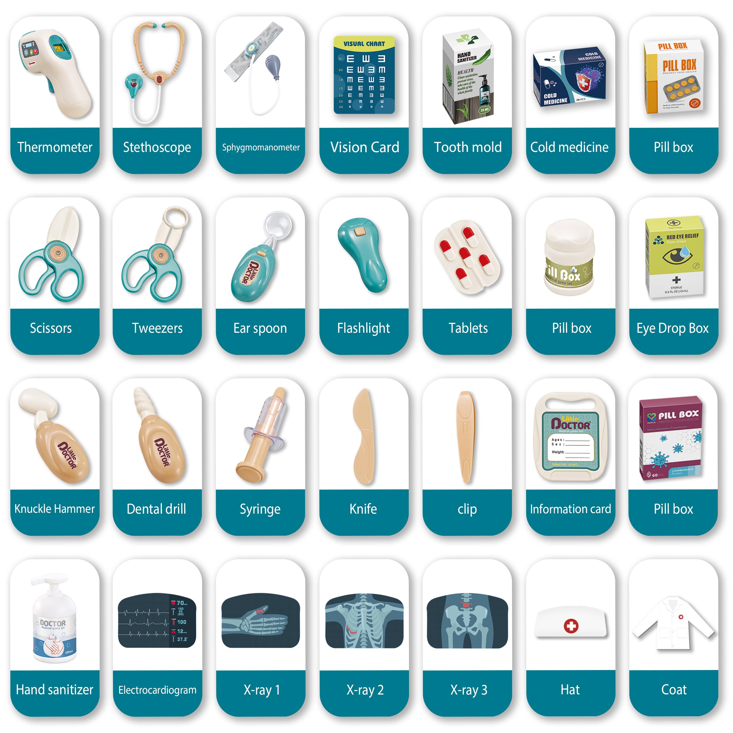 Thermometer and endoscope tools included for kid-friendly checks