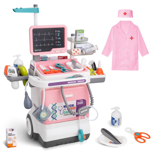 POFJOEQ toddler doctor kit with pink cart and stethoscope for immersive pretend play