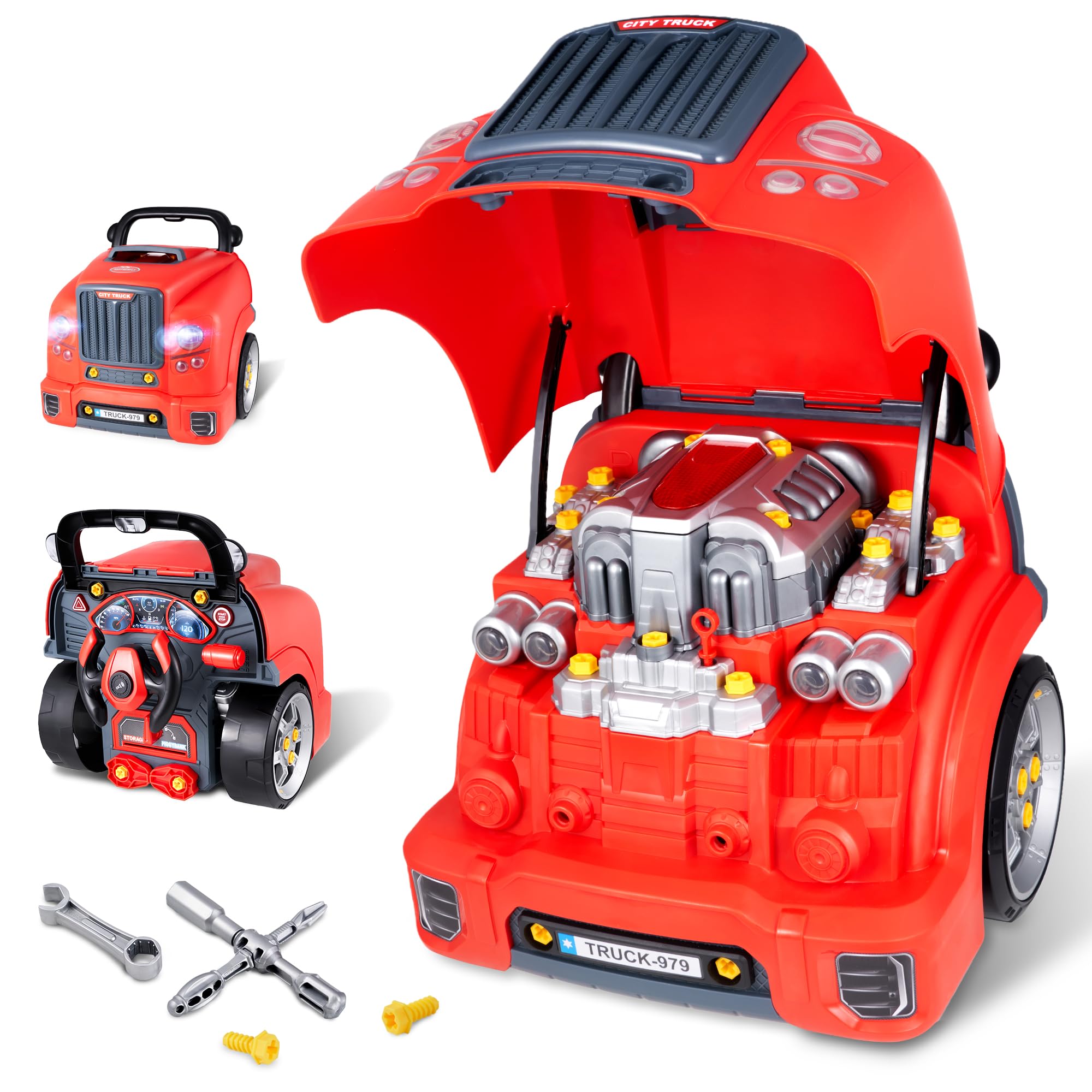 POFJOEQ Interactive Truck Engine Toy, front view with removable parts for hands-on repair play