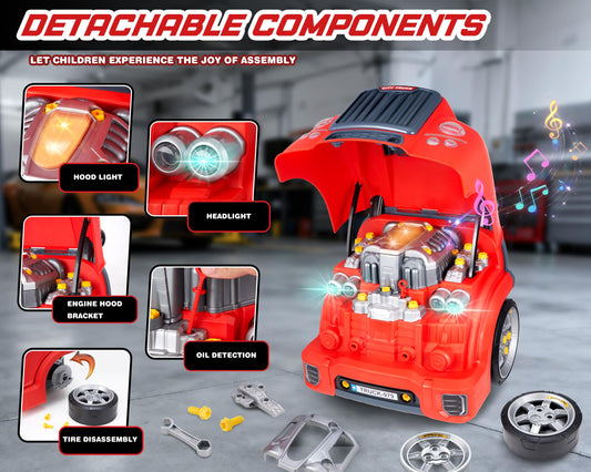 POFJOEQ Truck Engine Toy, side view with engine cover opened for exploration and learning