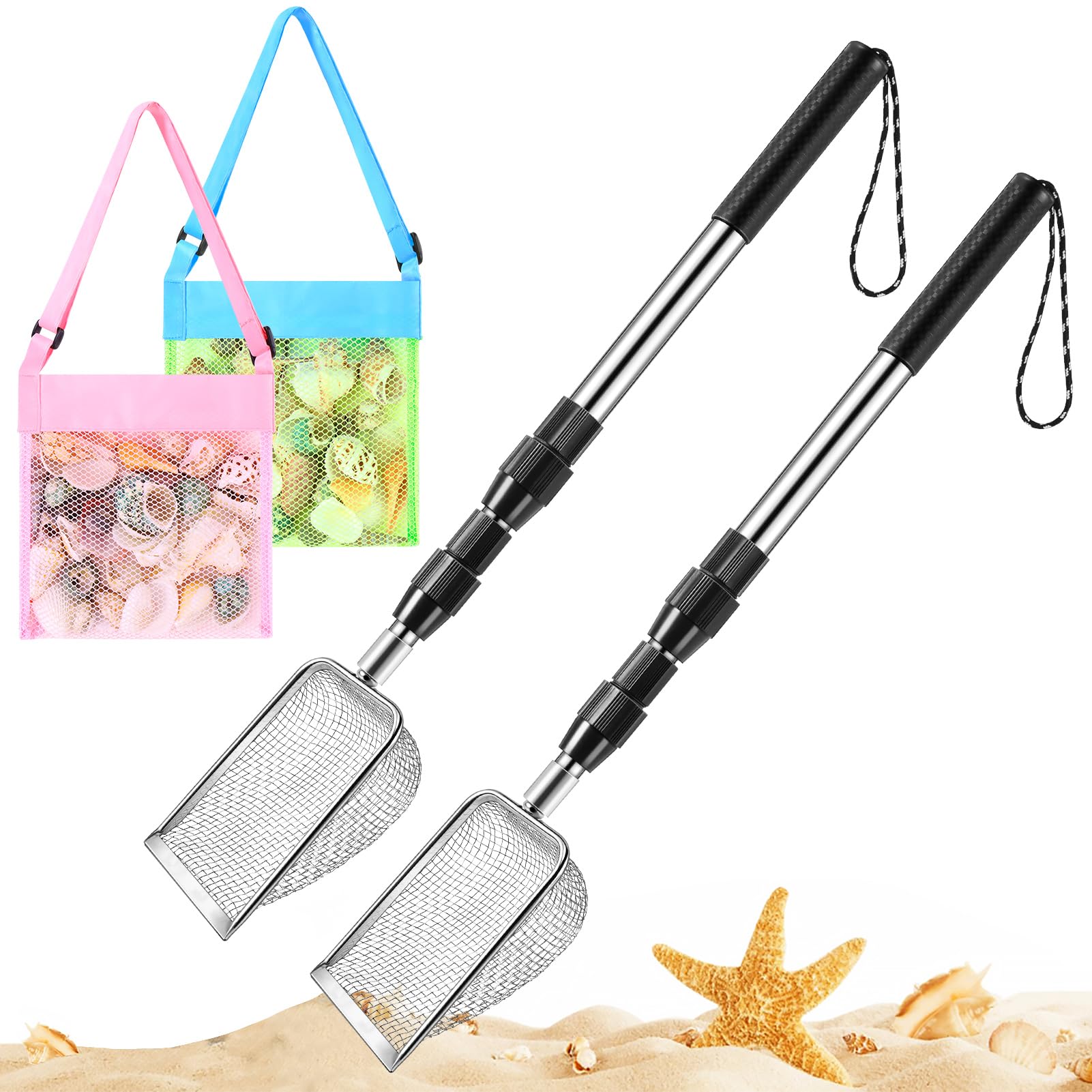 POILKMNI shark tooth sifter with extended handle for easy beach reach.