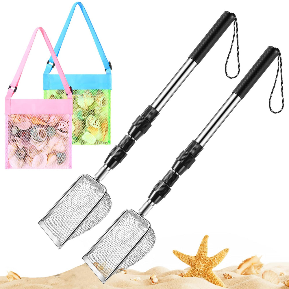 POILKMNI shark tooth sifter with extended handle for easy beach reach.