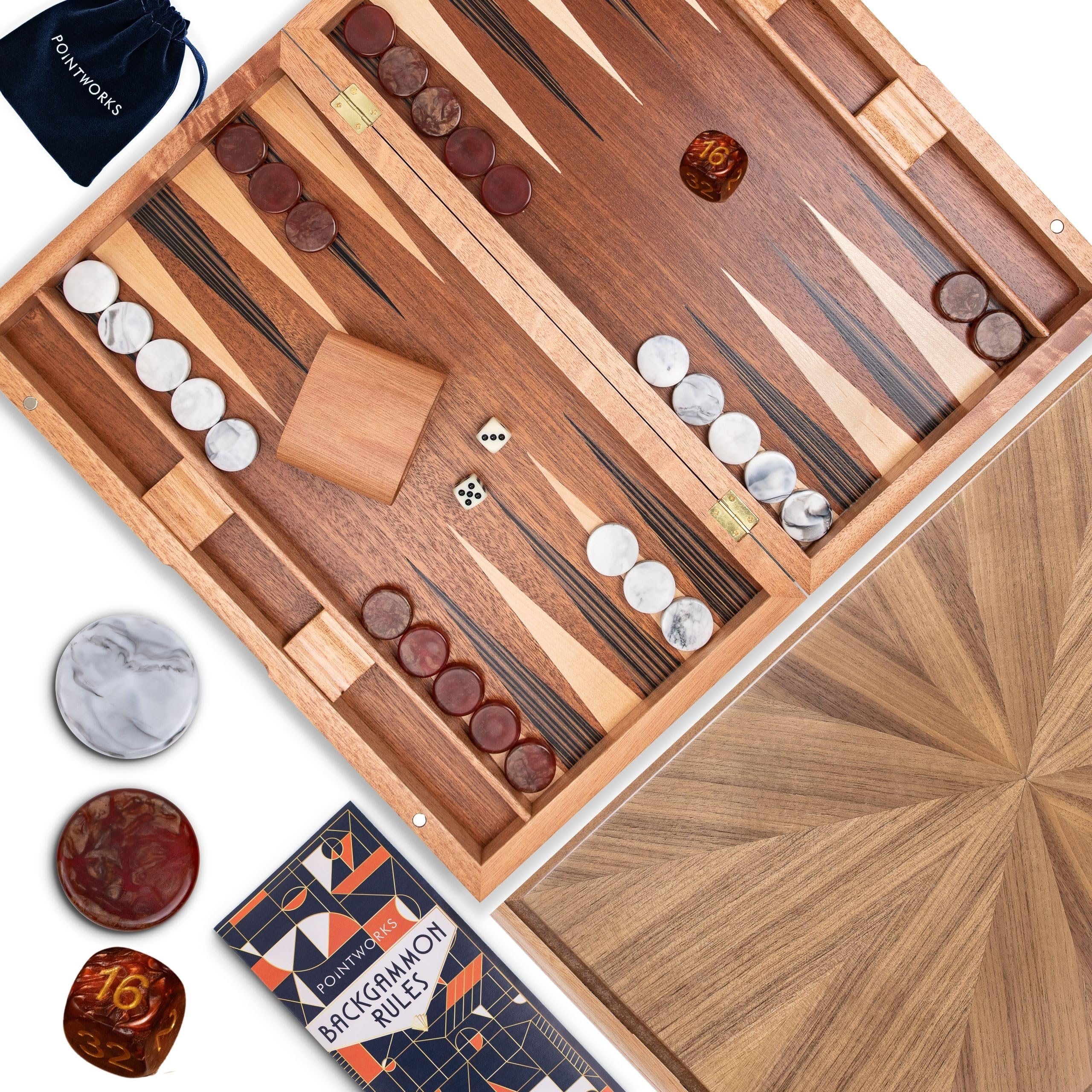 Pointworks 17 inch backgammon board open shows walnut inlay for elegant game nights
