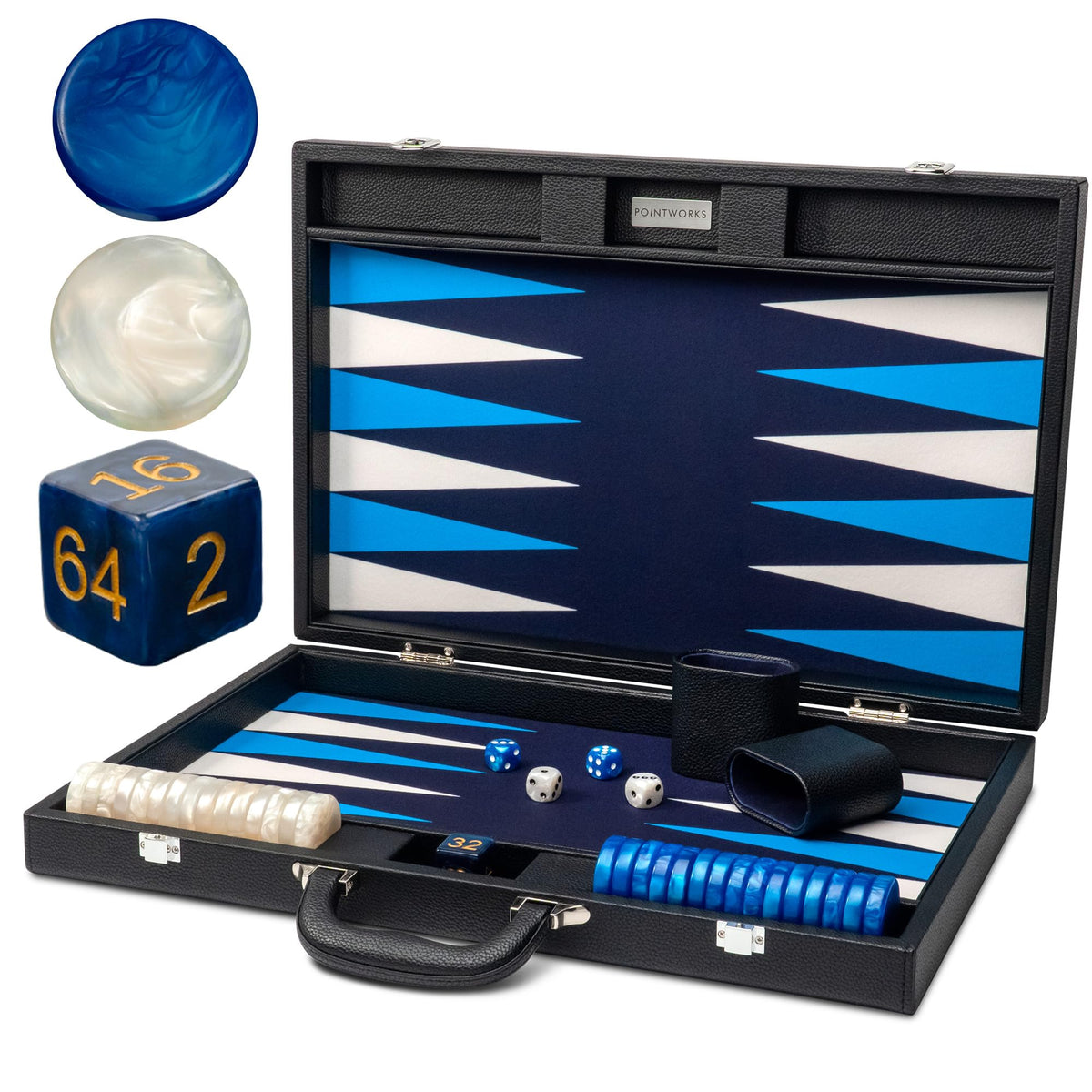 Pointworks backgammon board open with spacious 19x25 inch play area.
