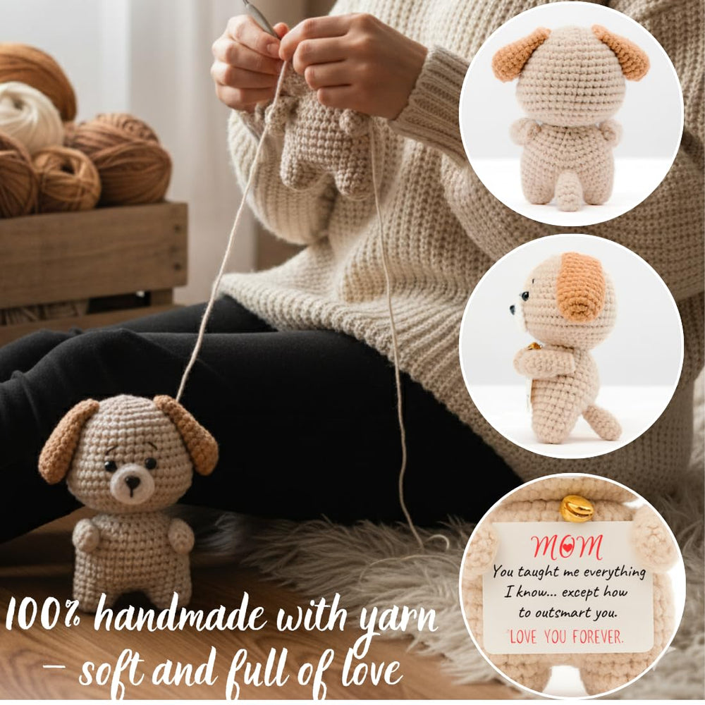 Desk display ready POIVOCF crochet puppy plush beside a small note