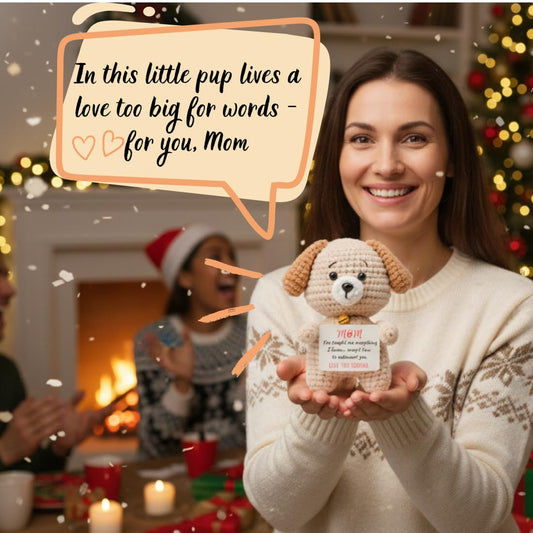 Soft yarn crochet puppy plush with embroidered details for Mom’s keepsake