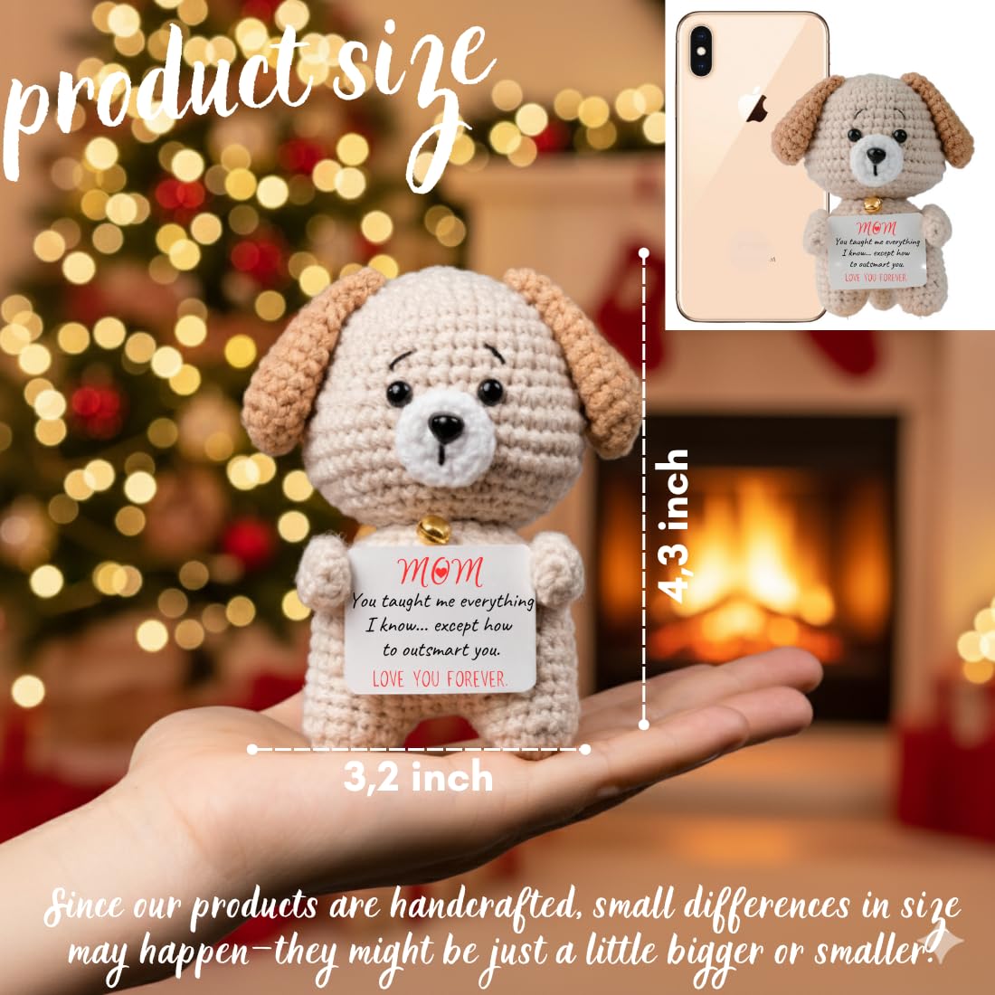 Puppy plush holding a playful card, ready to brighten Mom’s desk