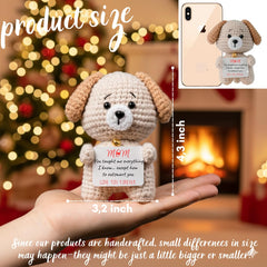 Puppy plush holding a playful card, ready to brighten Mom’s desk