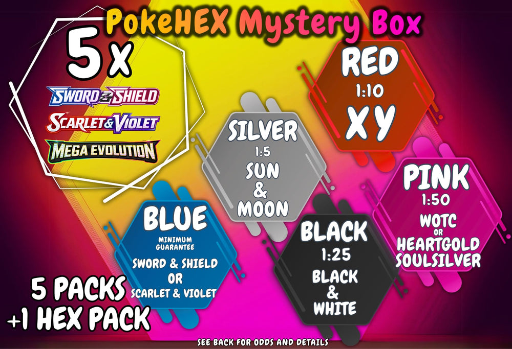 PokeHEX Mystery Box with five booster packs and HEX Pack, ideal for expanding your trading card collection.