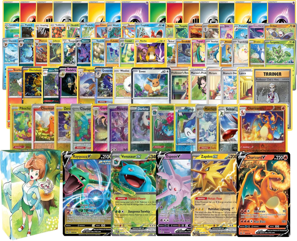 Pokemon 100-card bundle with deck box for organized storage.