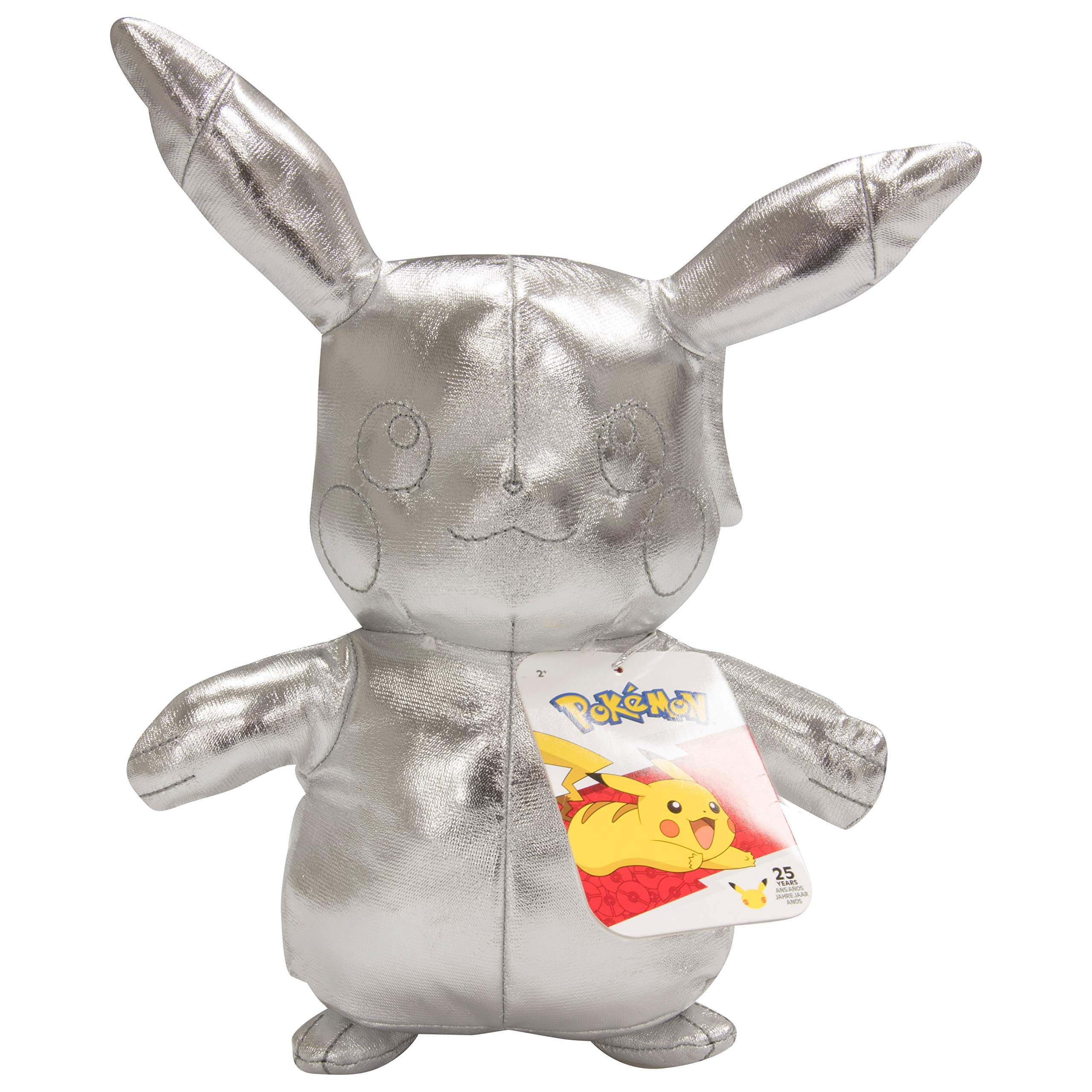 Pokémon 25th anniversary silver Pikachu plush for cuddling and display.