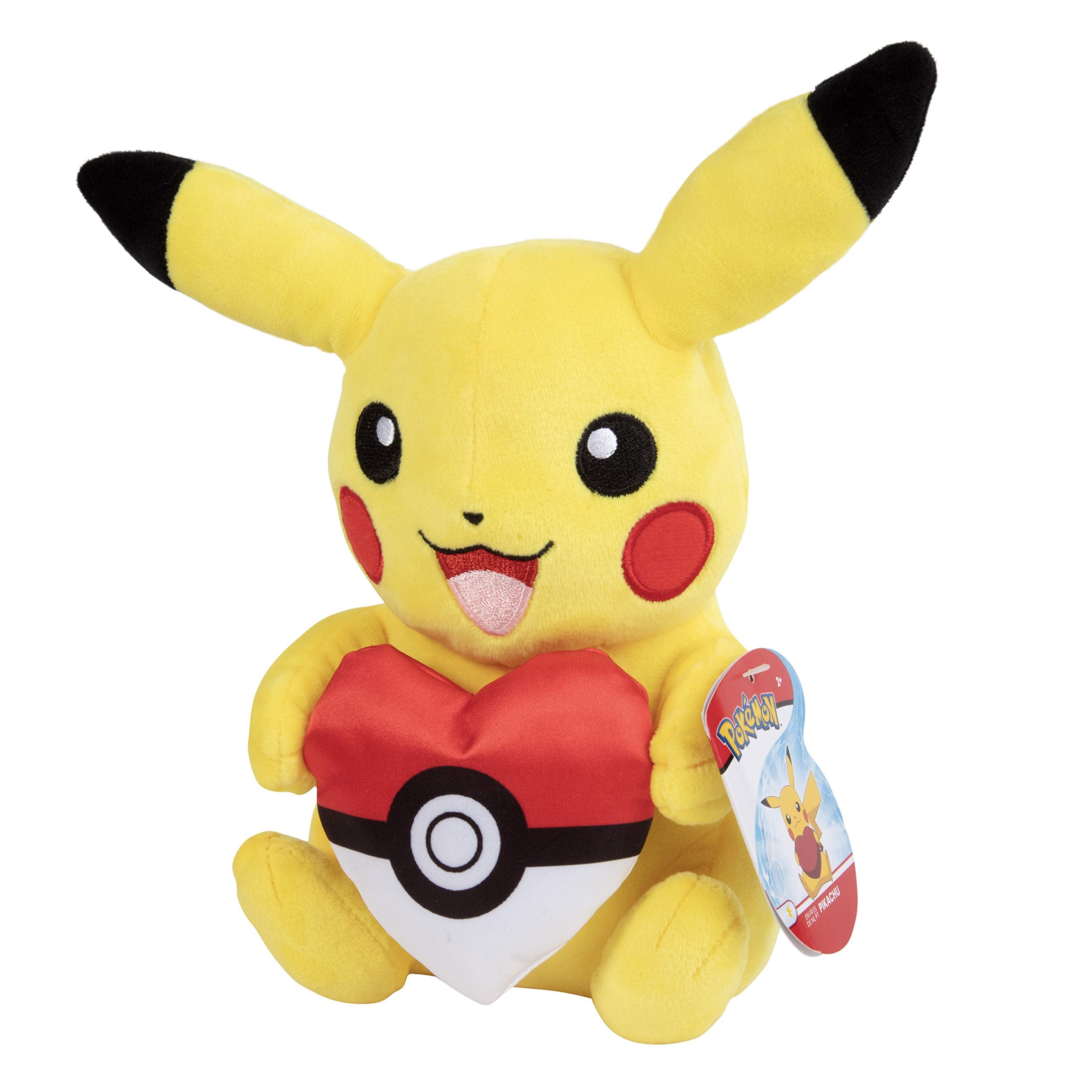 Pokémon Pikachu 8-inch plush with Heart Poke Ball, front view for display and cuddling.