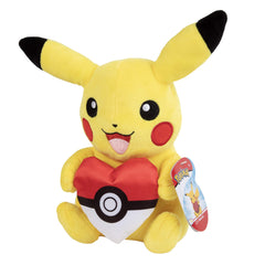 Pokémon Pikachu 8-inch plush with Heart Poke Ball, front view for display and cuddling.