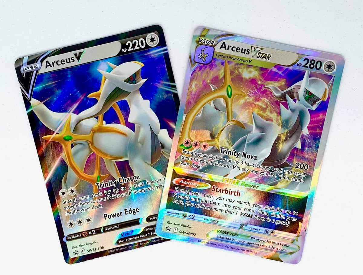 Pokemon Arceus V and VSTAR promo cards from SWSH307 and SWSH306, ideal for collection and display.