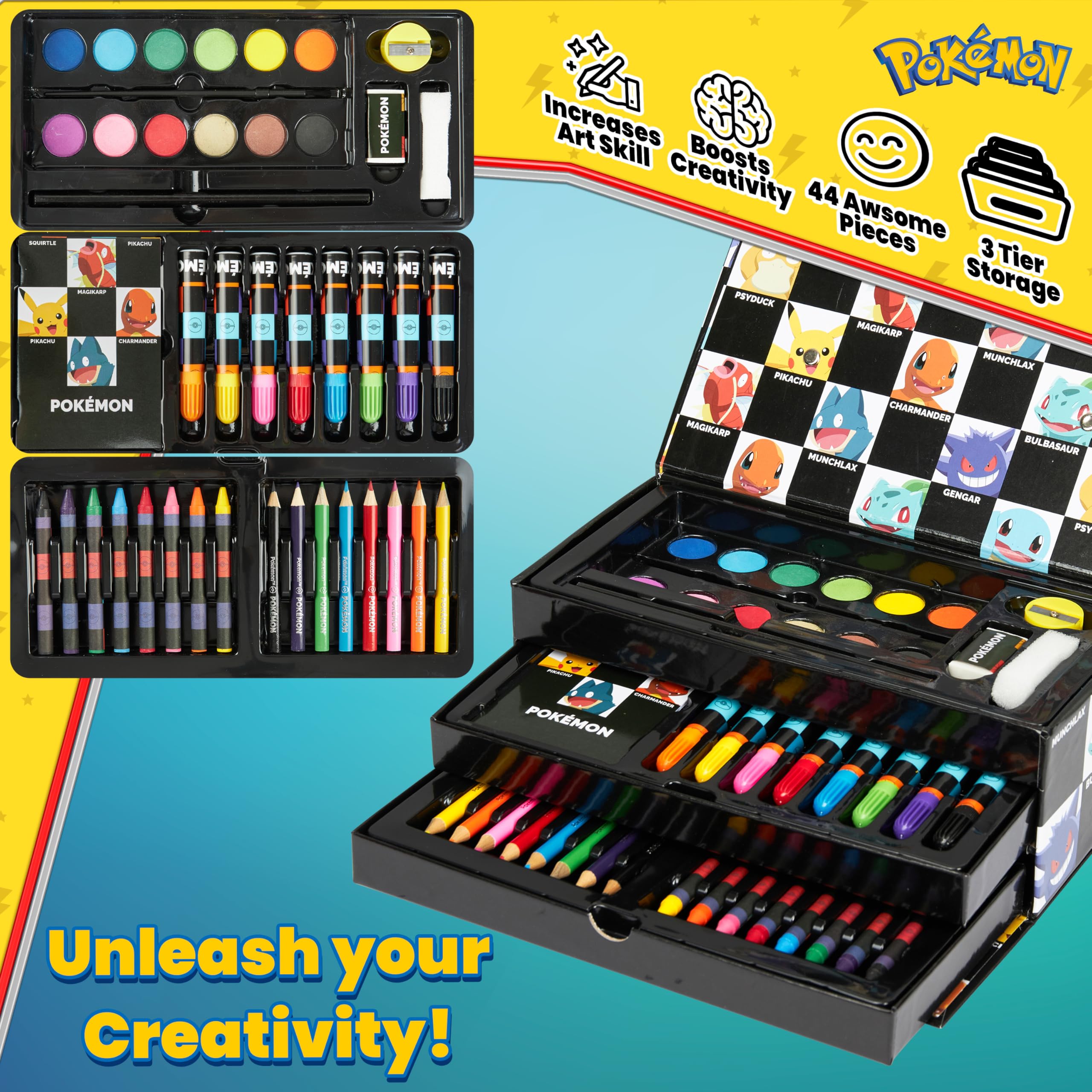 Compact Pokémon art set keeps supplies organized for on-the-go drawing.