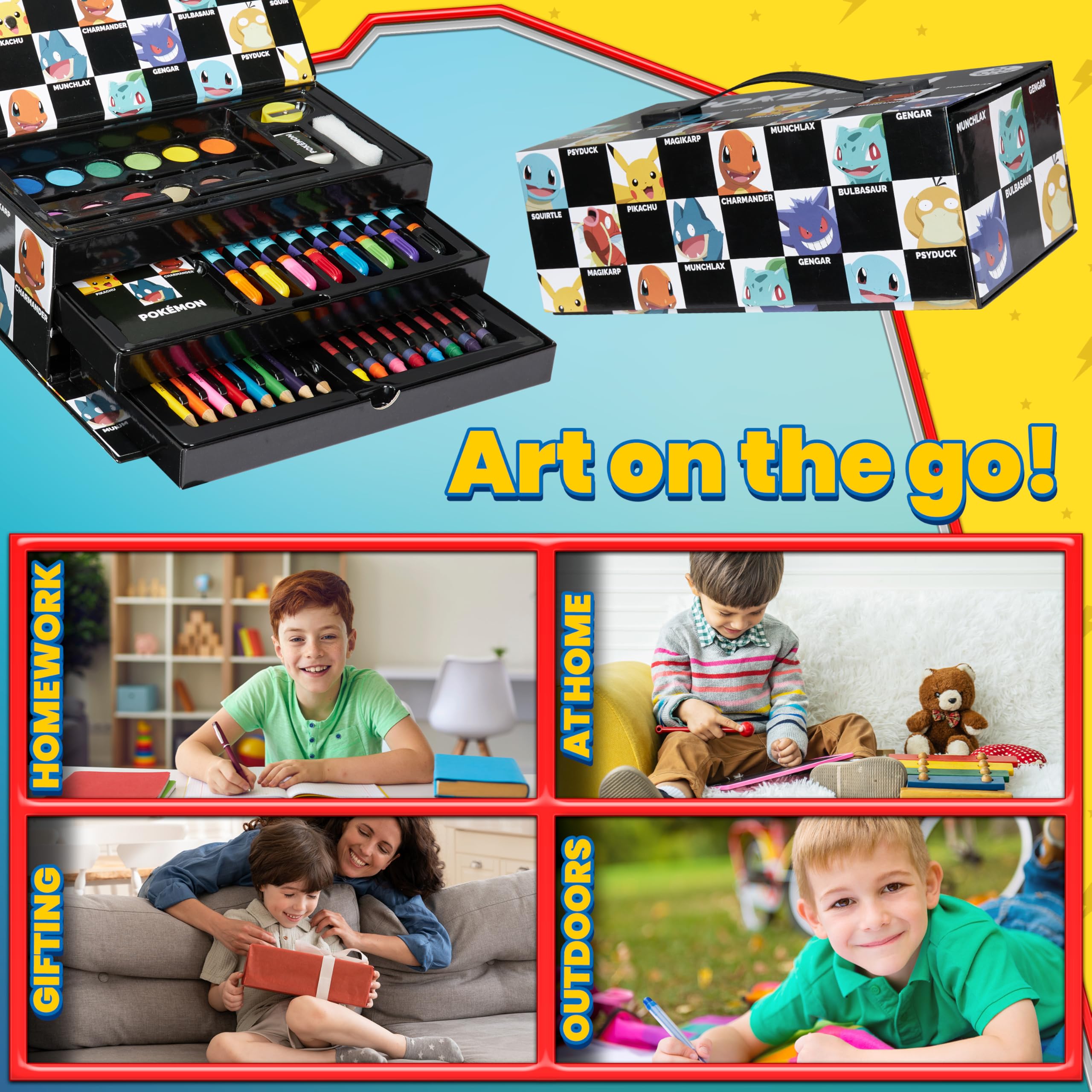 Pokémon markers, crayons, and pencils kit ideal for classroom or travel.