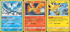 Pokemon Articuno Moltres Zapdos foil card set for collectors and display.