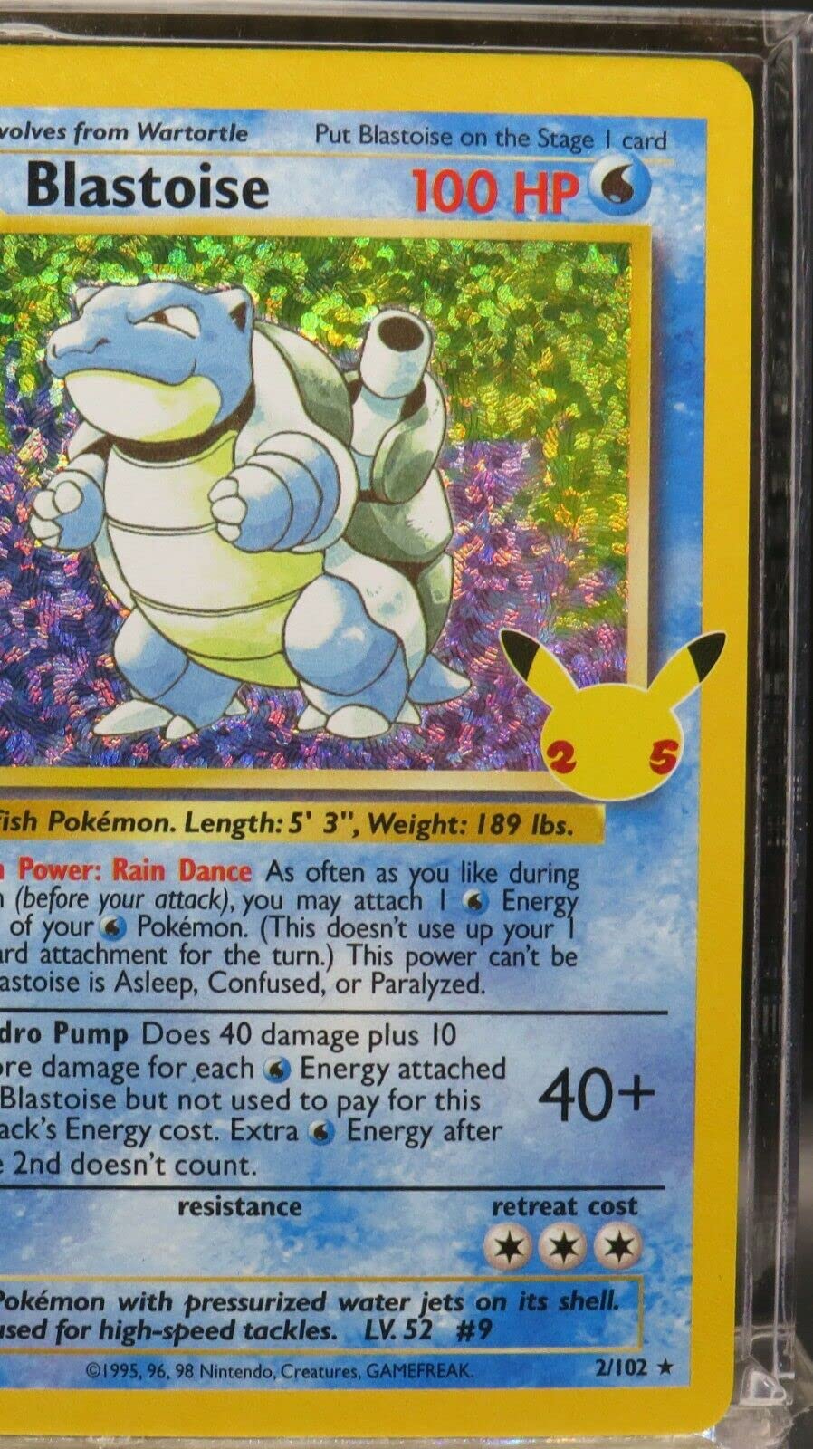 Pokémon Blastoise Celebrations Classic card label displays branding for collectors.