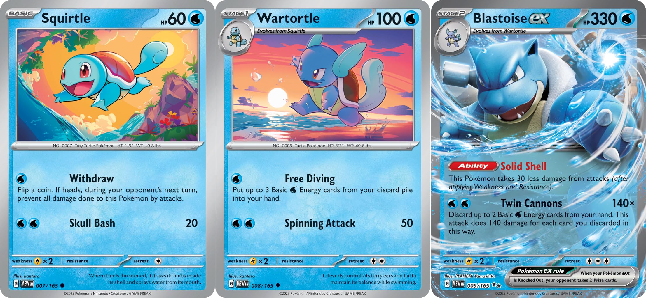 Pokémon Blastoise ex 009/165 evolution 3-card lot image, ideal for collectors.