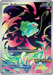 Pokemon Bulbasaur Mega Evolutions stamp promo full art illustration; authentic single card for display and collection.