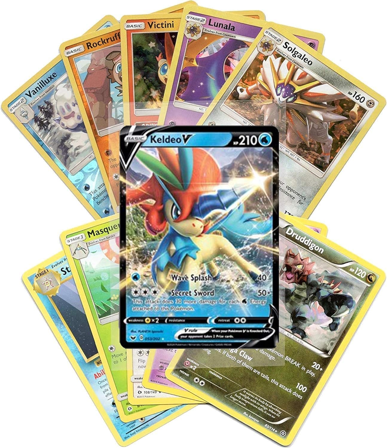 Pokemon Cards guaranteed V Pokemon highlight rare cards for trading.