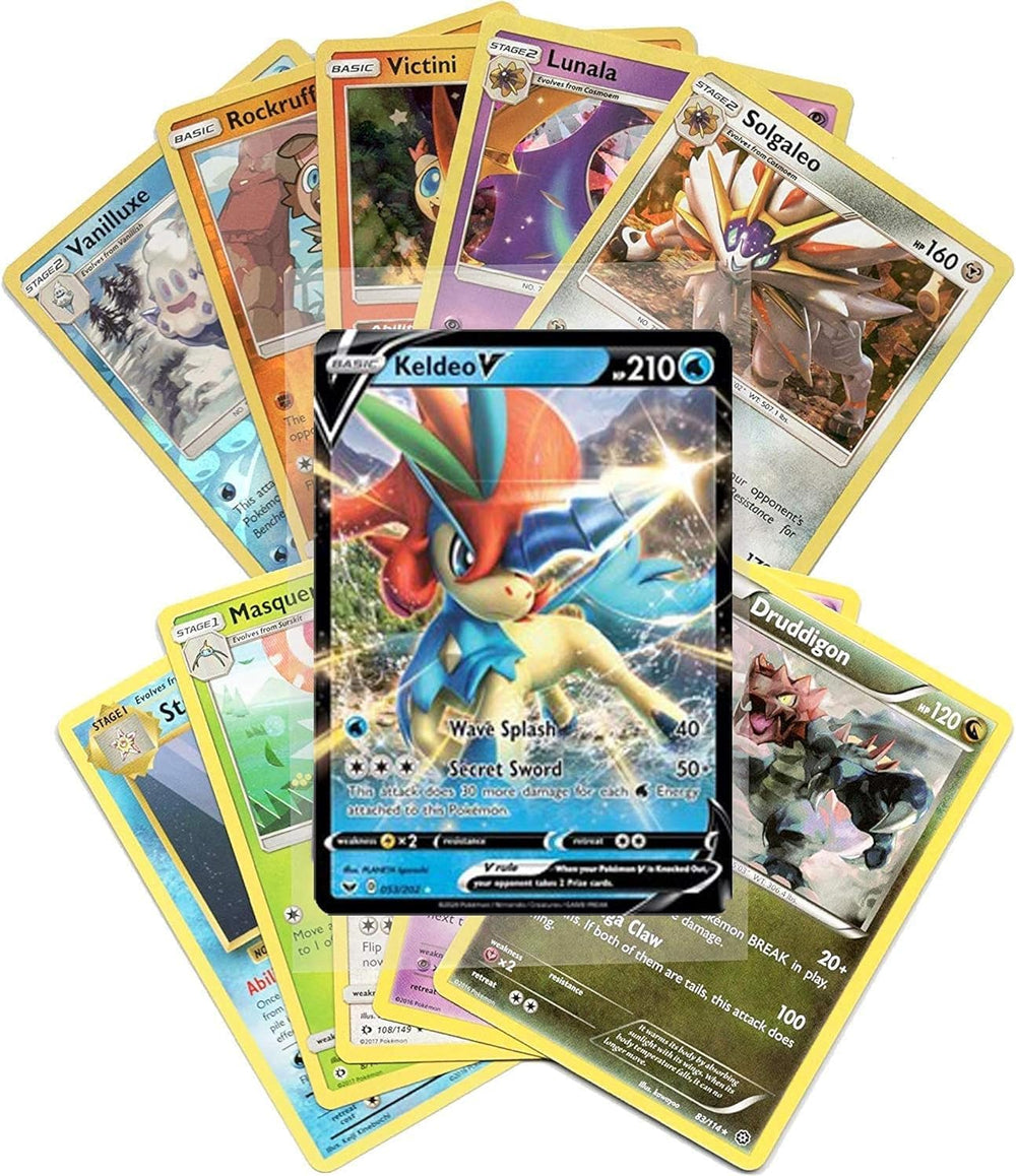 Pokemon Cards guaranteed V Pokemon highlight rare cards for trading.