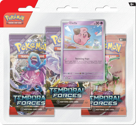 Pokemon Cards Temporal Forces Cleffa promo card inside blister packaging to boost collections.