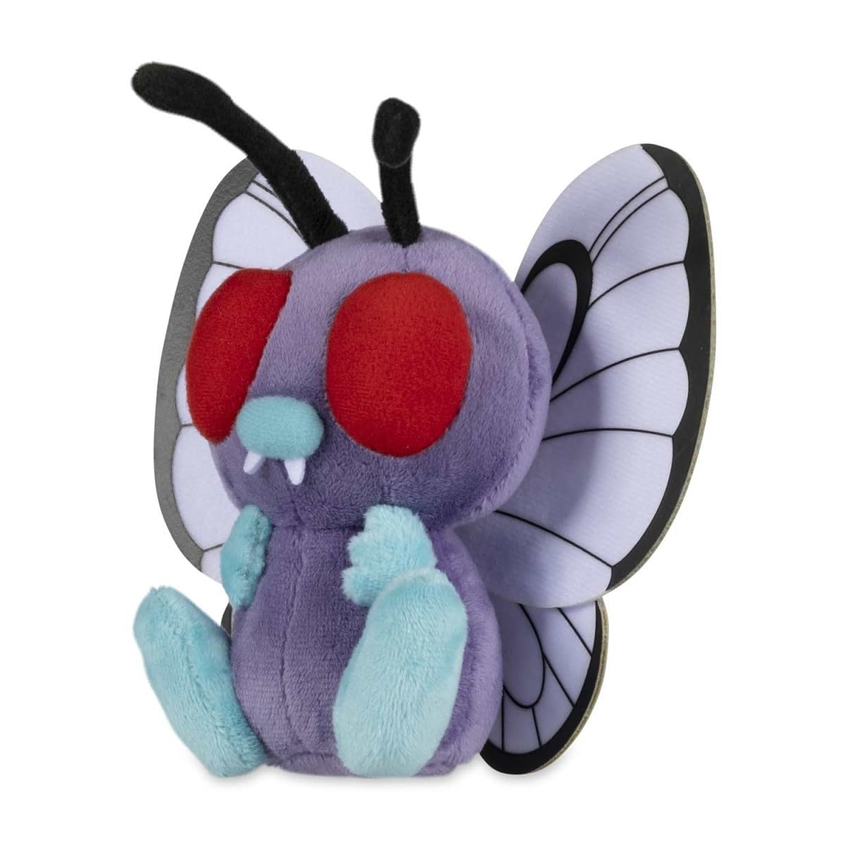 Pokémon Center Butterfree Sitting Cuties Plush front view with weighted base for upright desk display.