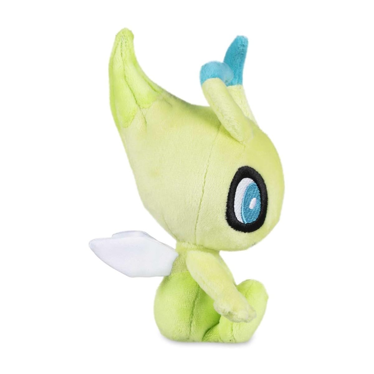 Pokémon Celebi Sitting Cuties Plush desk-display close-up, highlights microbeads and texture.