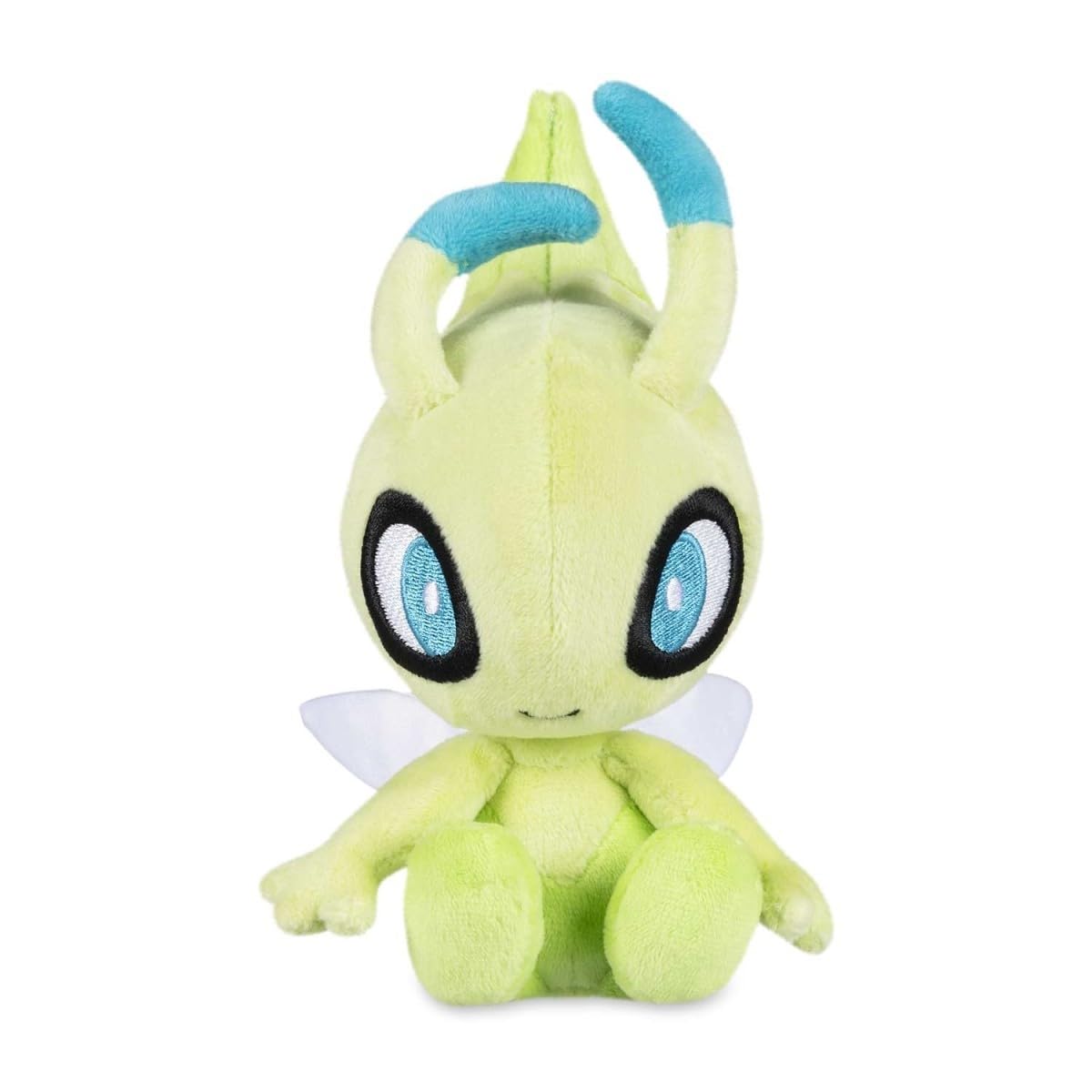Pokémon Celebi Sitting Cuties Plush side view, ideal for shelf display.