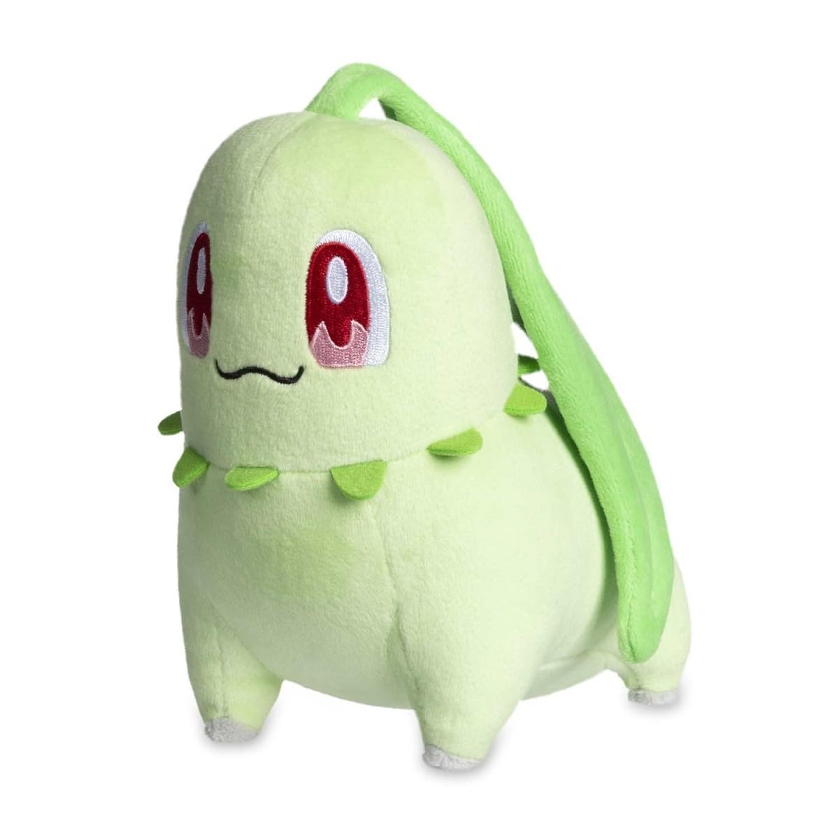 Pokémon Center Chikorita plush embroidery detail for a soft, collectible display.