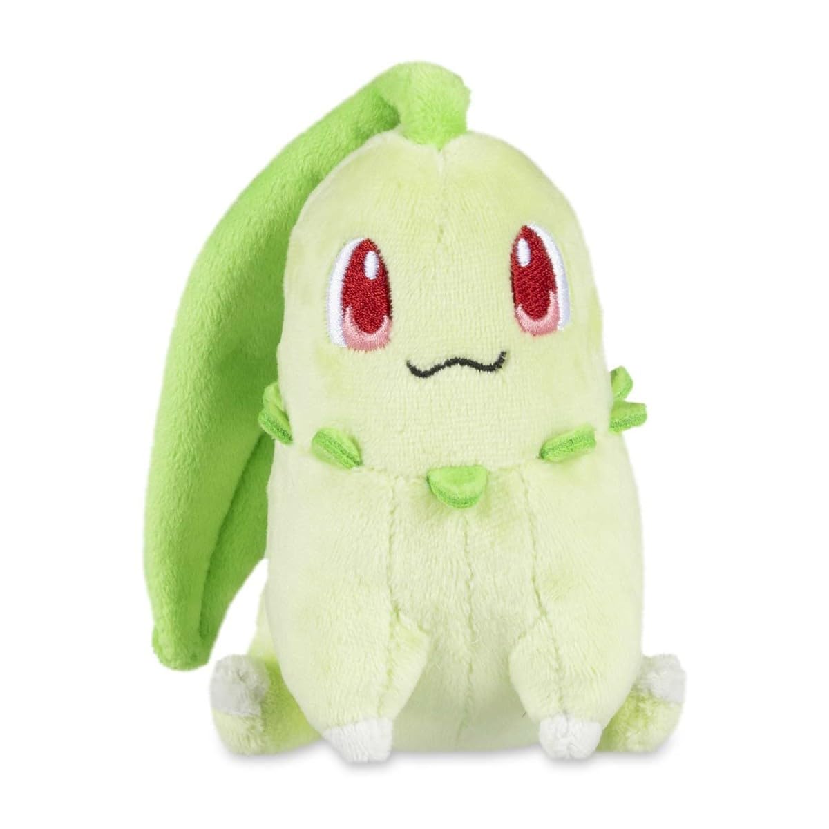 Pokémon Center Chikorita Sitting Cuties Plush sits up on flat surfaces for charming desk decor.