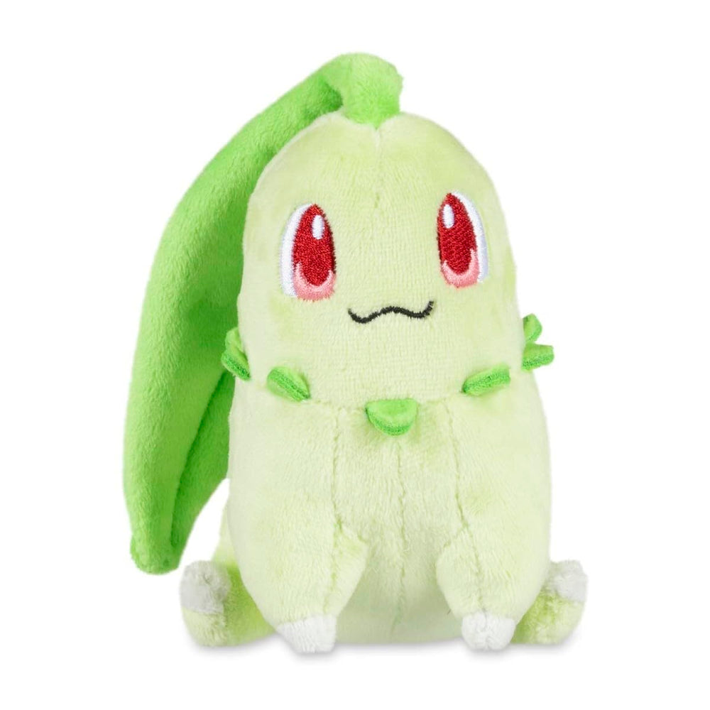 Pokémon Center Chikorita Sitting Cuties Plush sits up on flat surfaces for charming desk decor.