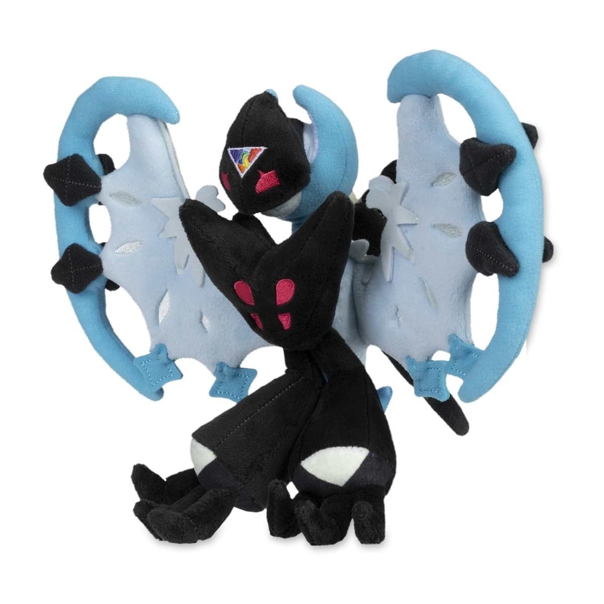 Pokémon Center Dawn Wings Necrozma plush sits upright for easy display.