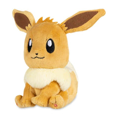 Pokémon Center Eevee Sitting Cuties plush sits upright on a desk for on-desk charm