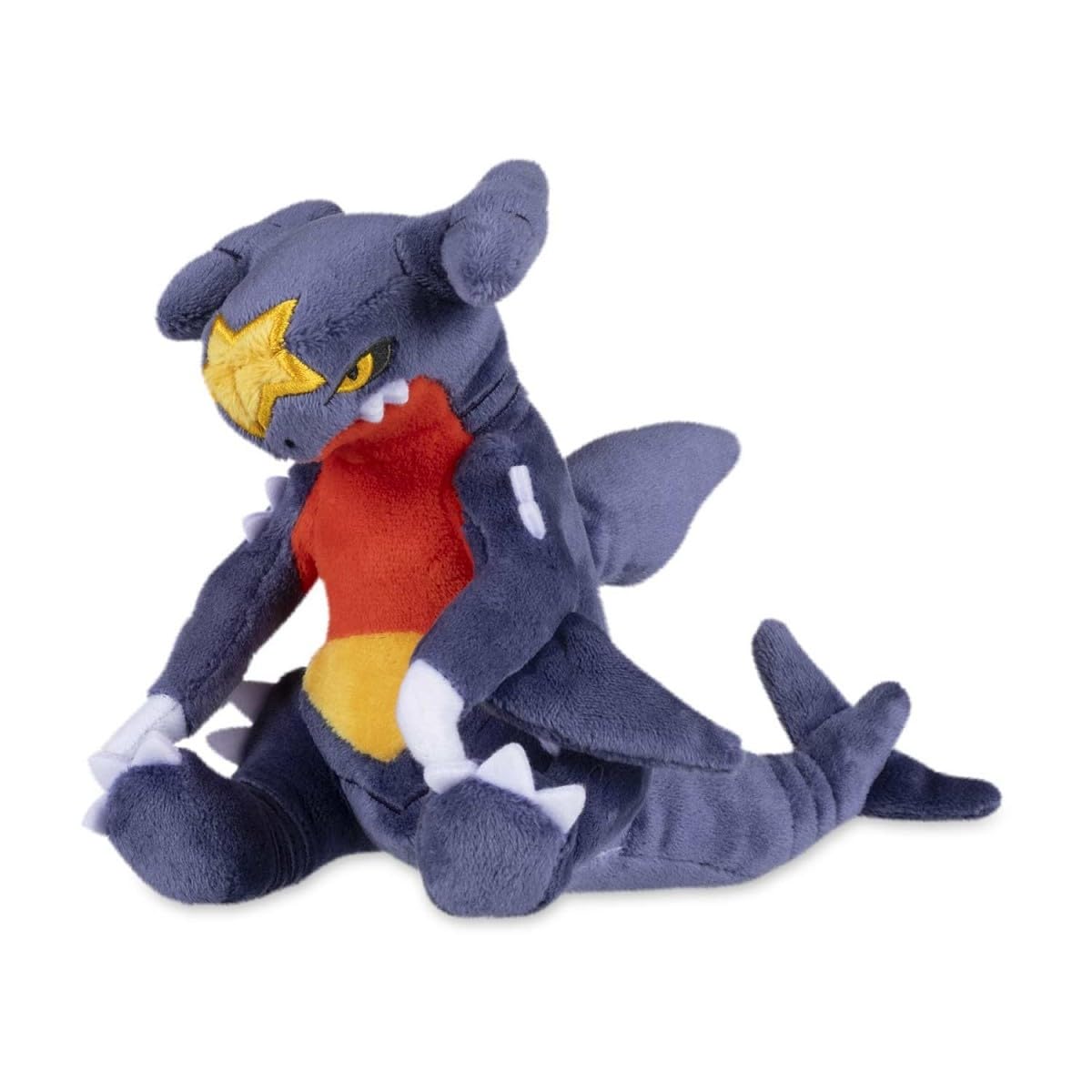 Pokémon Center Garchomp Sitting Cuties Plush, front view, desk-ready companion.